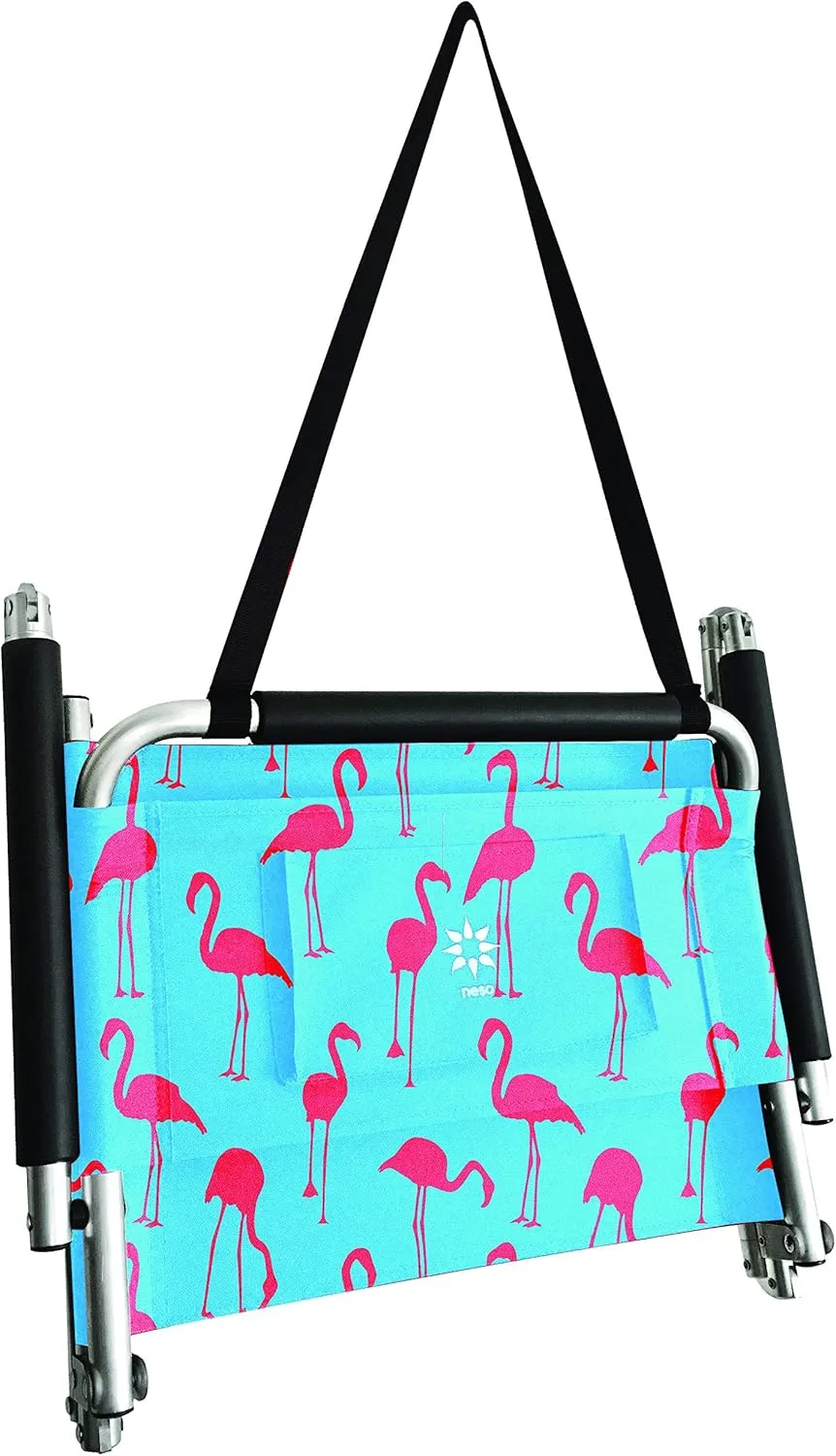 Neso Beach Chairs 2 Pack | Water Resistant with Shoulder Strap and Slip Pocket | Folds Thin (Flamingos, XL)