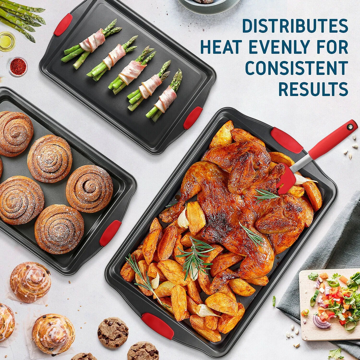 Non-Stick Baking Pan Cookie Sheet Set With Spatula & Brushes 6 Pieces