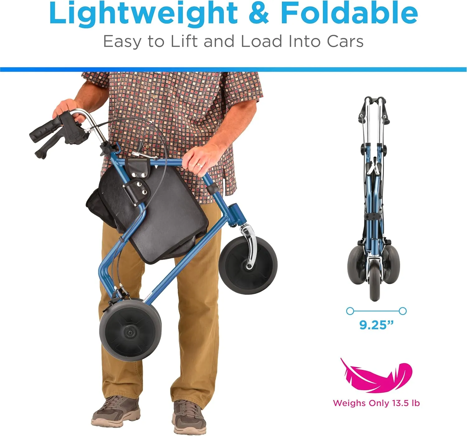 NOVA Traveler 3 Wheel Rollator Walker, All Terrain 8” Wheels, Includes Bag, Basket and Tray, Blue