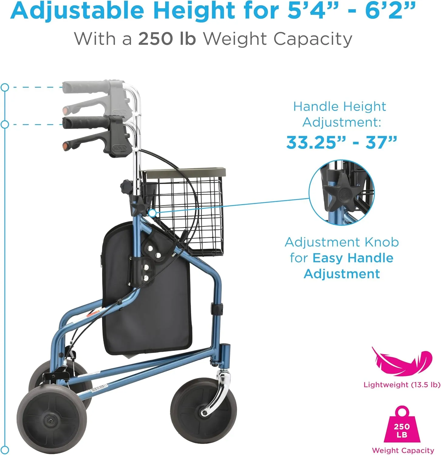 NOVA Traveler 3 Wheel Rollator Walker, All Terrain 8” Wheels, Includes Bag, Basket and Tray, Blue