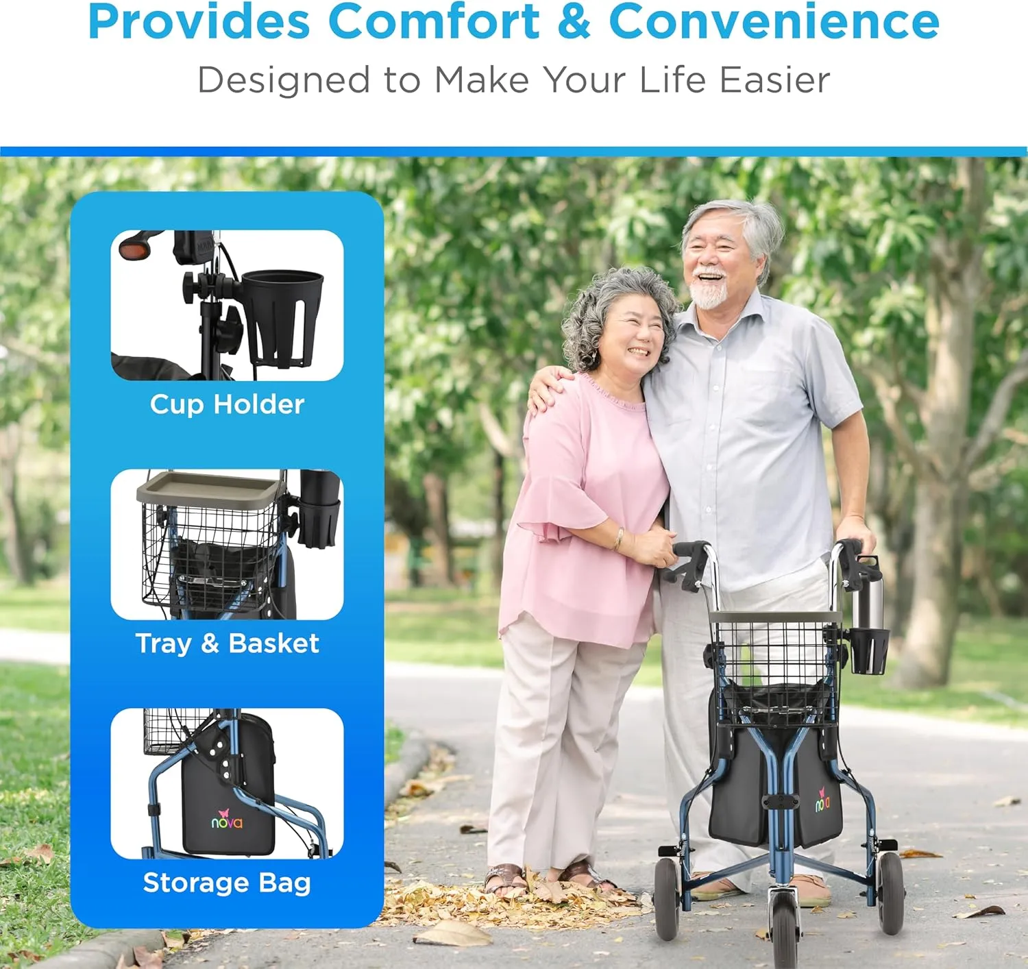 NOVA Traveler 3 Wheel Rollator Walker, All Terrain 8” Wheels, Includes Bag, Basket and Tray, Blue