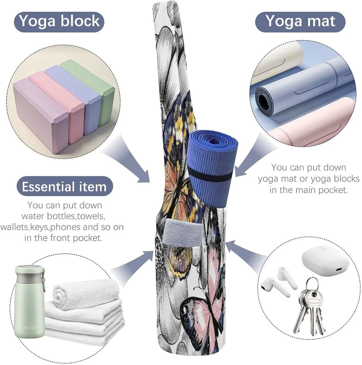Nugier Yoga Mat Bag, Soft Canvas Storage Bag Fashion Mat Bag Pocket Shoulder Strap Clothes Dorm Organizer Print Engraved Hand Drawn Floral Flowers and Butterflies
