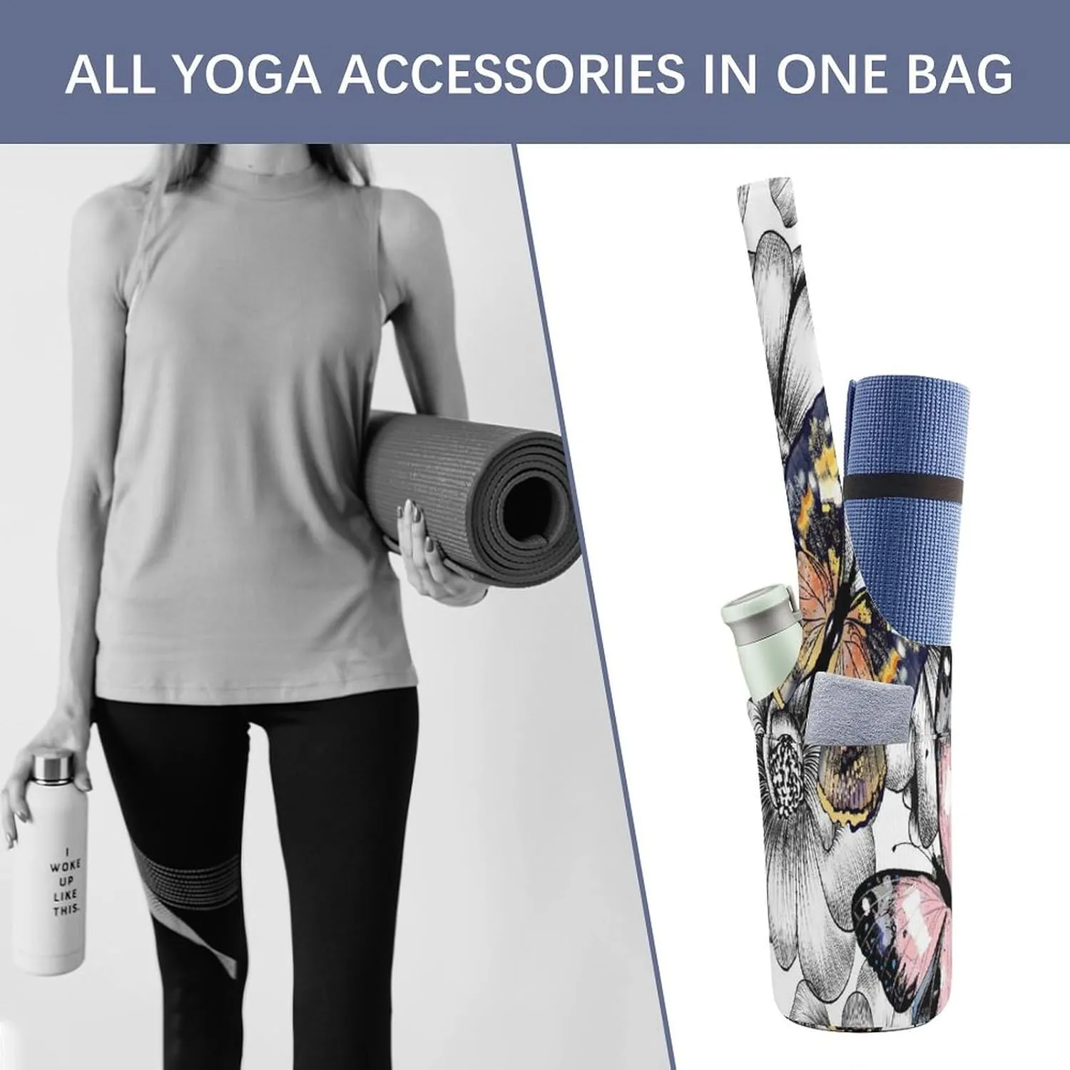 Nugier Yoga Mat Bag, Soft Canvas Storage Bag Fashion Mat Bag Pocket Shoulder Strap Clothes Dorm Organizer Print Engraved Hand Drawn Floral Flowers and Butterflies