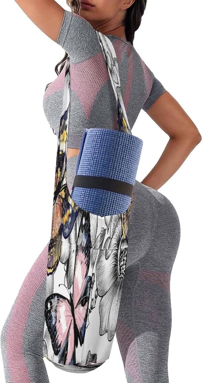 Nugier Yoga Mat Bag, Soft Canvas Storage Bag Fashion Mat Bag Pocket Shoulder Strap Clothes Dorm Organizer Print Engraved Hand Drawn Floral Flowers and Butterflies