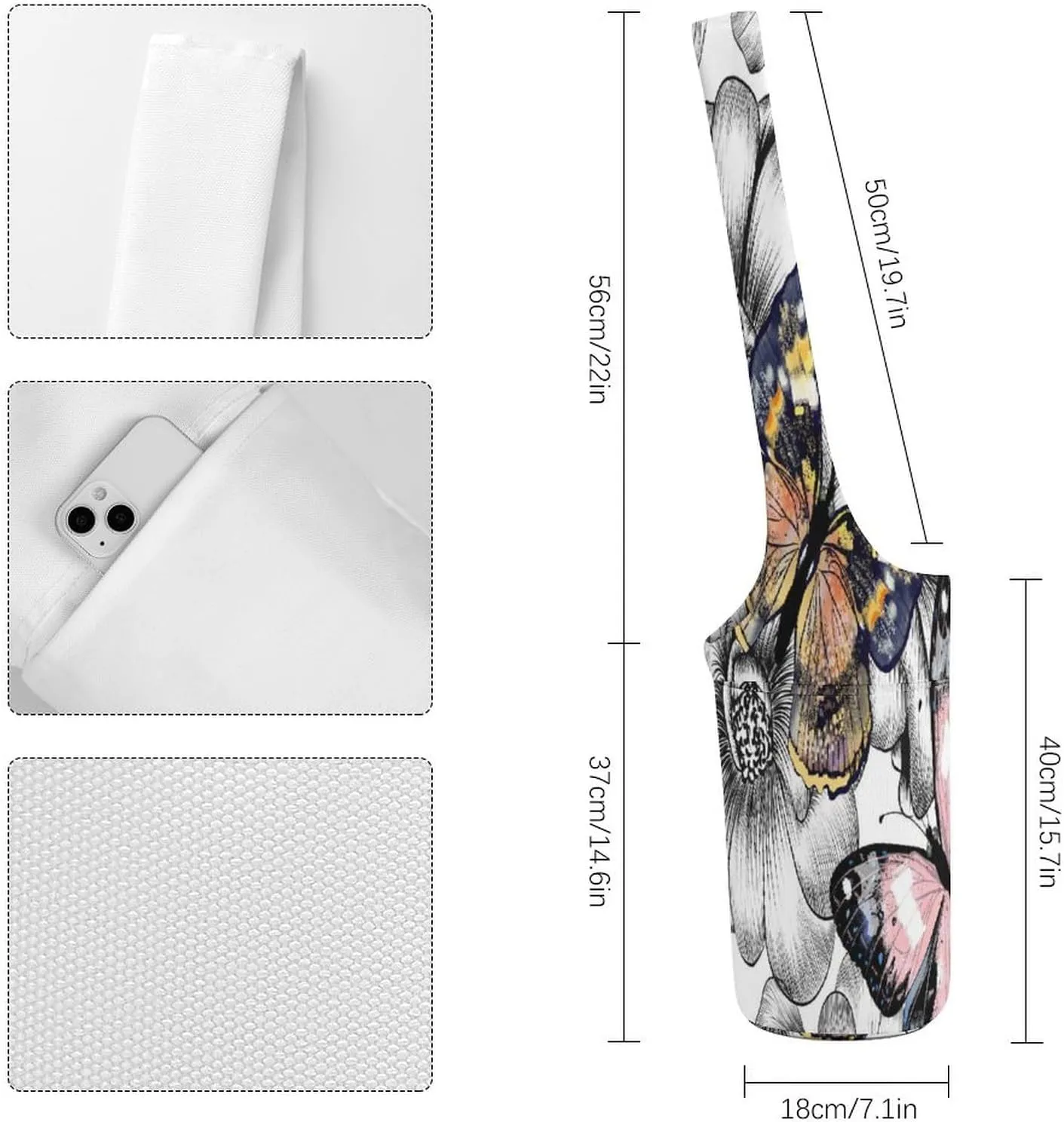Nugier Yoga Mat Bag, Soft Canvas Storage Bag Fashion Mat Bag Pocket Shoulder Strap Clothes Dorm Organizer Print Engraved Hand Drawn Floral Flowers and Butterflies