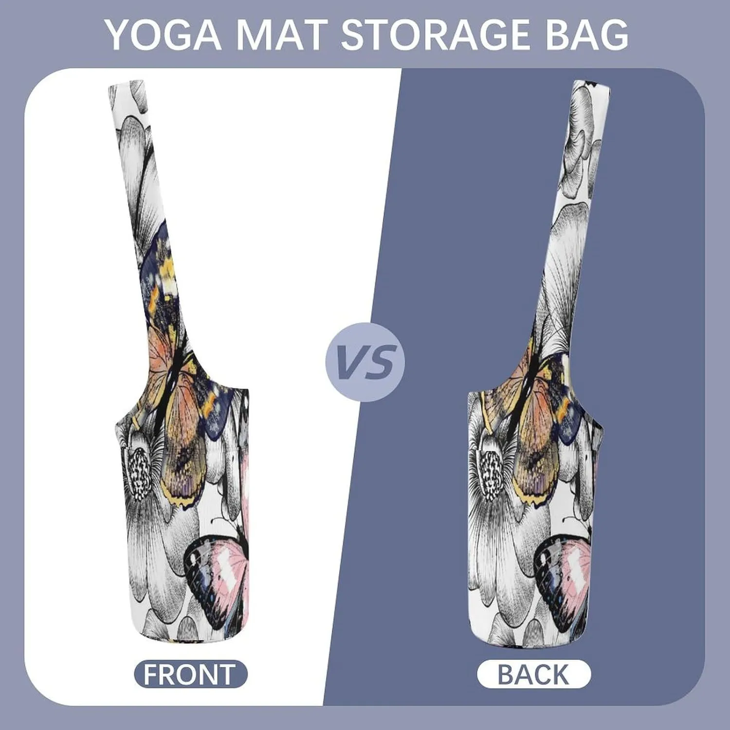 Nugier Yoga Mat Bag, Soft Canvas Storage Bag Fashion Mat Bag Pocket Shoulder Strap Clothes Dorm Organizer Print Engraved Hand Drawn Floral Flowers and Butterflies