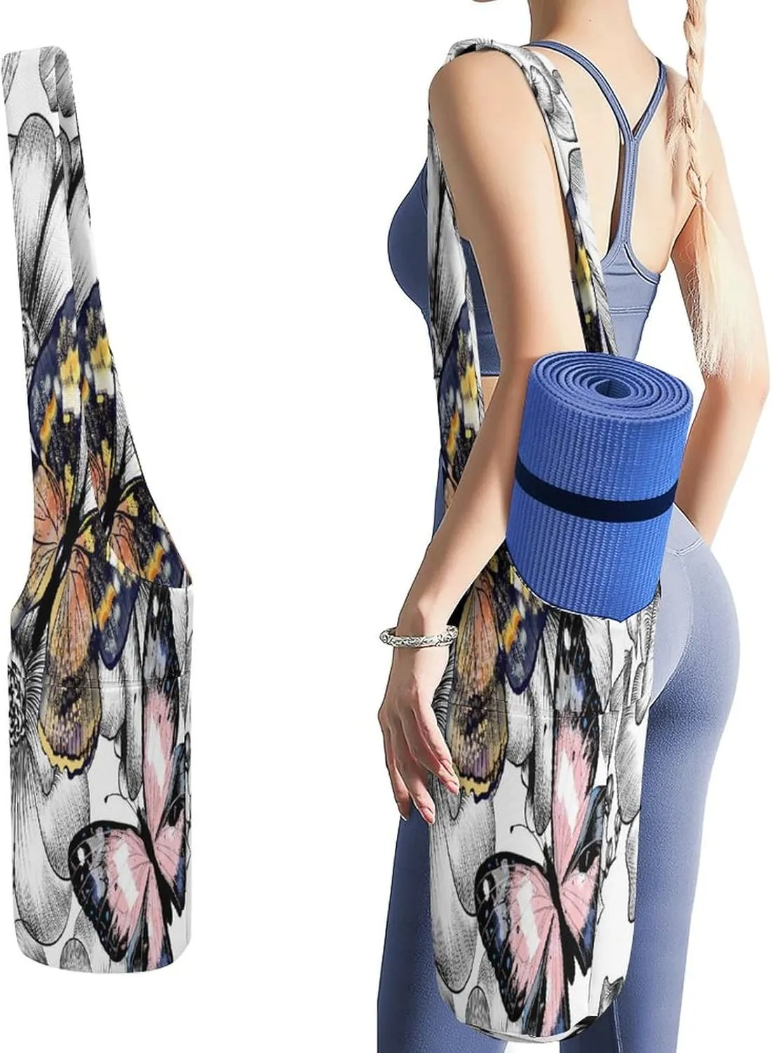 Nugier Yoga Mat Bag, Soft Canvas Storage Bag Fashion Mat Bag Pocket Shoulder Strap Clothes Dorm Organizer Print Engraved Hand Drawn Floral Flowers and Butterflies