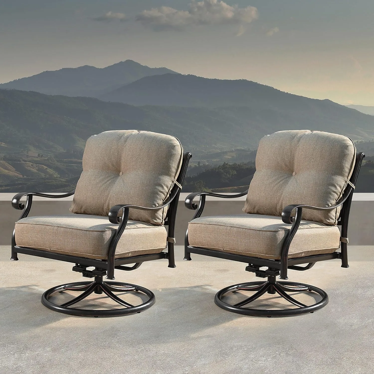 Oakland Living Aluminum Outdoor Swivel Club Finish with Thick Tan Polyester Cushions (Set of 2) Deep Seating Rocking Chairs, Antique Copper