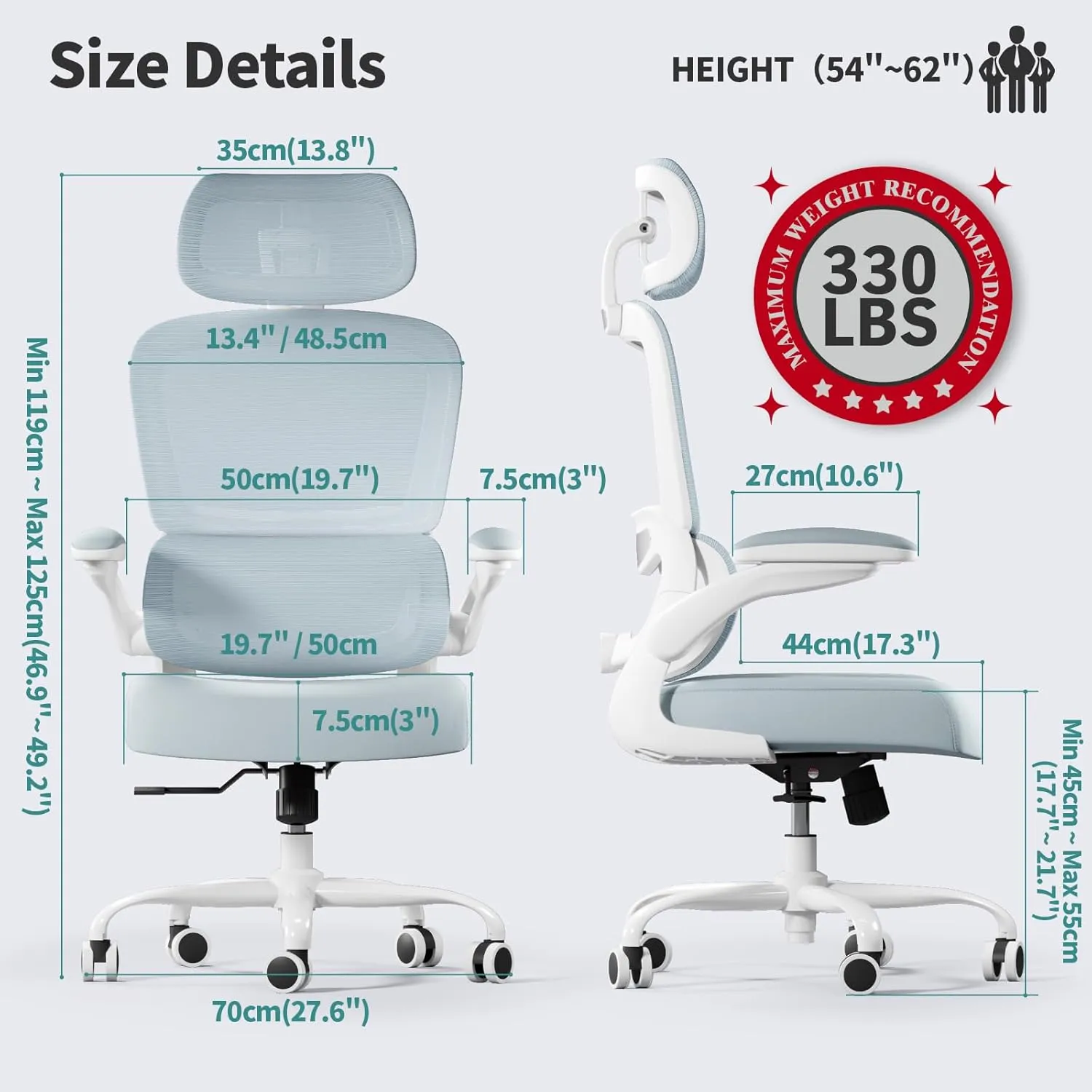 Office Chair Ergonomic Desk Chair, 330 LBS Home Mesh Office Desk Chairs with Wheels, Comfortable Gaming Chair, High Back Office Chair for Long Hours (Blue)