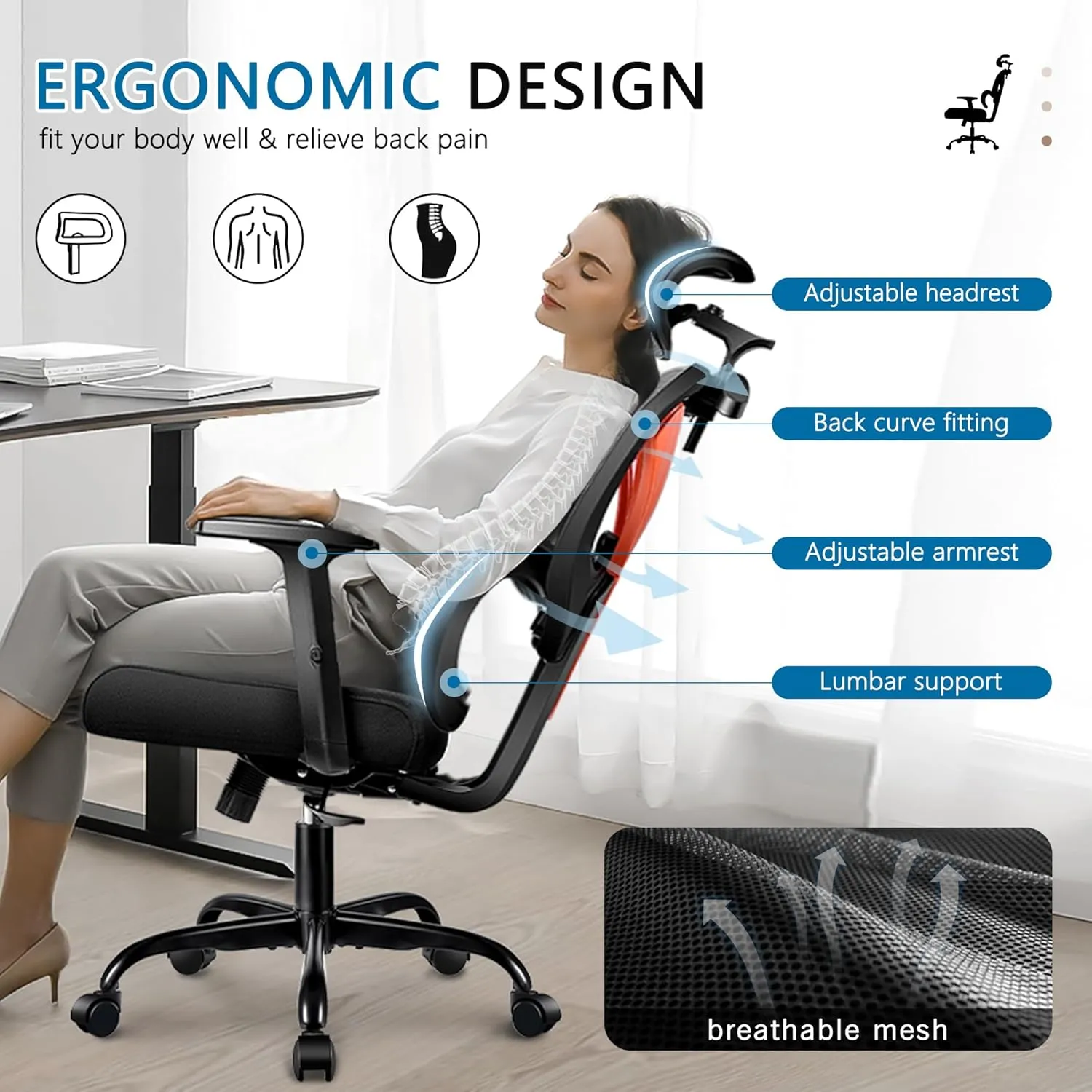 Office Chair Ergonomic Desk Chair Comfy Computer Chair, Big and Tall Home Office Chair with Back Support, Mesh Office Chair High Back Gaming Chair with Adjustable Armrest (Orange)