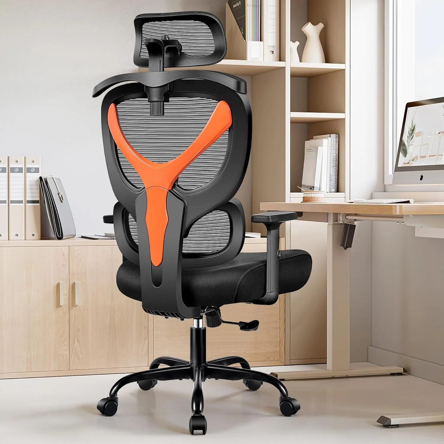 Office Chair Ergonomic Desk Chair Comfy Computer Chair, Big and Tall Home Office Chair with Back Support, Mesh Office Chair High Back Gaming Chair with Adjustable Armrest (Orange)