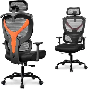 Office Chair Ergonomic Desk Chair Comfy Computer Chair, Big and Tall Home Office Chair with Back Support, Mesh Office Chair High Back Gaming Chair with Adjustable Armrest (Orange)