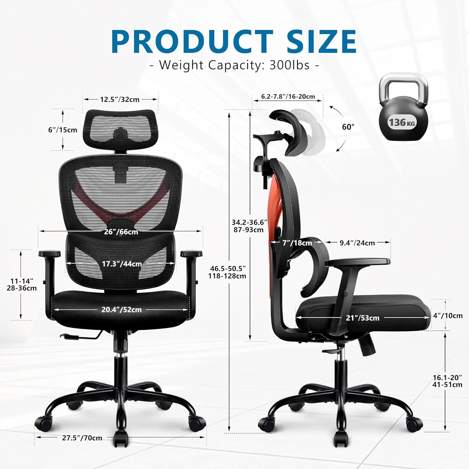 Office Chair Ergonomic Desk Chair Comfy Computer Chair, Big and Tall Home Office Chair with Back Support, Mesh Office Chair High Back Gaming Chair with Adjustable Armrest (Orange)