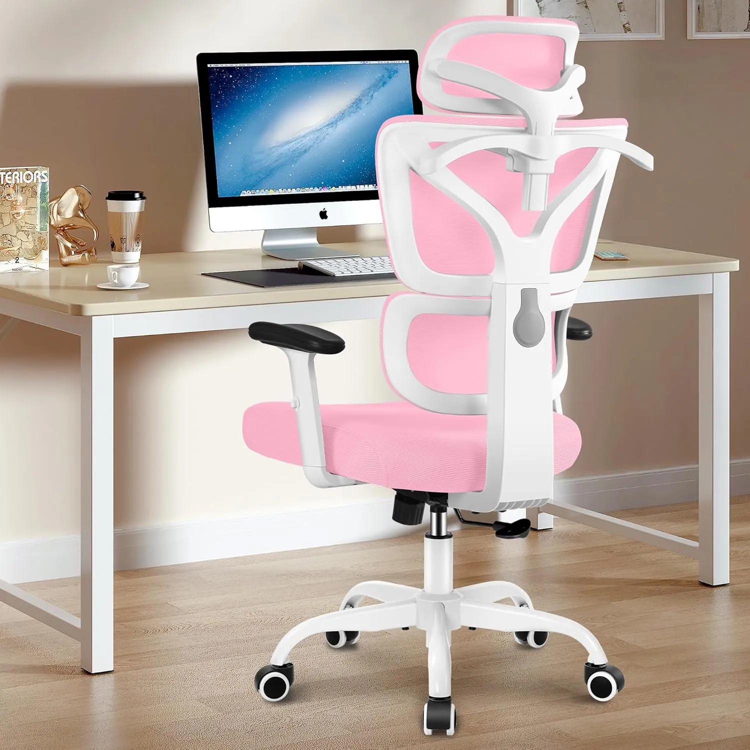 Office Chair Ergonomic Desk Chair, High Back Gaming Chair, Big and Tall Reclining Chair Comfy Home Office Desk Chair Lumbar Support Breathable Mesh Computer Chair Adjustable Armrests (Pink)