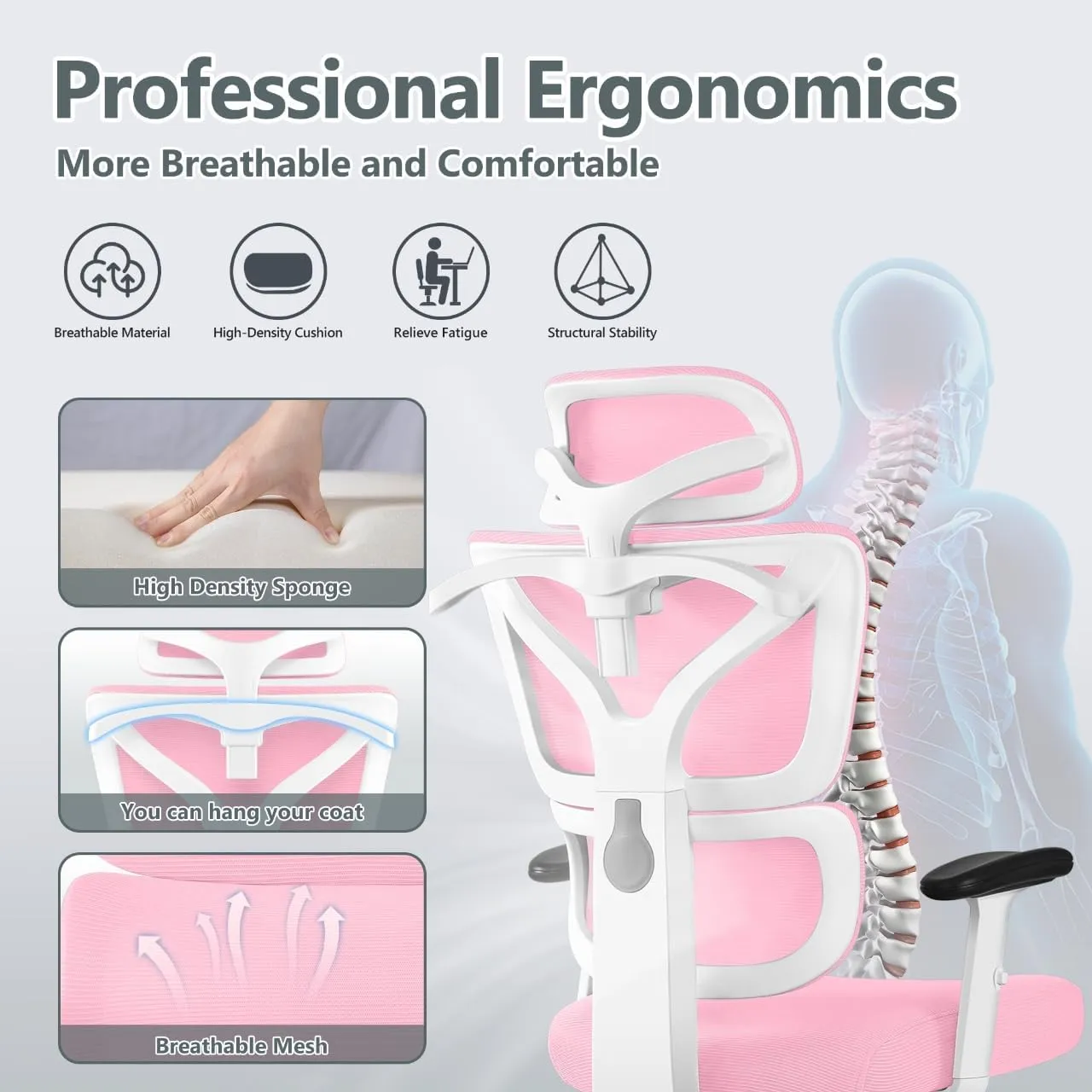 Office Chair Ergonomic Desk Chair, High Back Gaming Chair, Big and Tall Reclining Chair Comfy Home Office Desk Chair Lumbar Support Breathable Mesh Computer Chair Adjustable Armrests (Pink)