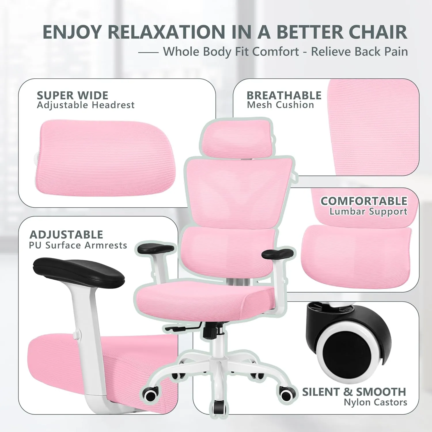 Office Chair Ergonomic Desk Chair, High Back Gaming Chair, Big and Tall Reclining Chair Comfy Home Office Desk Chair Lumbar Support Breathable Mesh Computer Chair Adjustable Armrests (Pink)