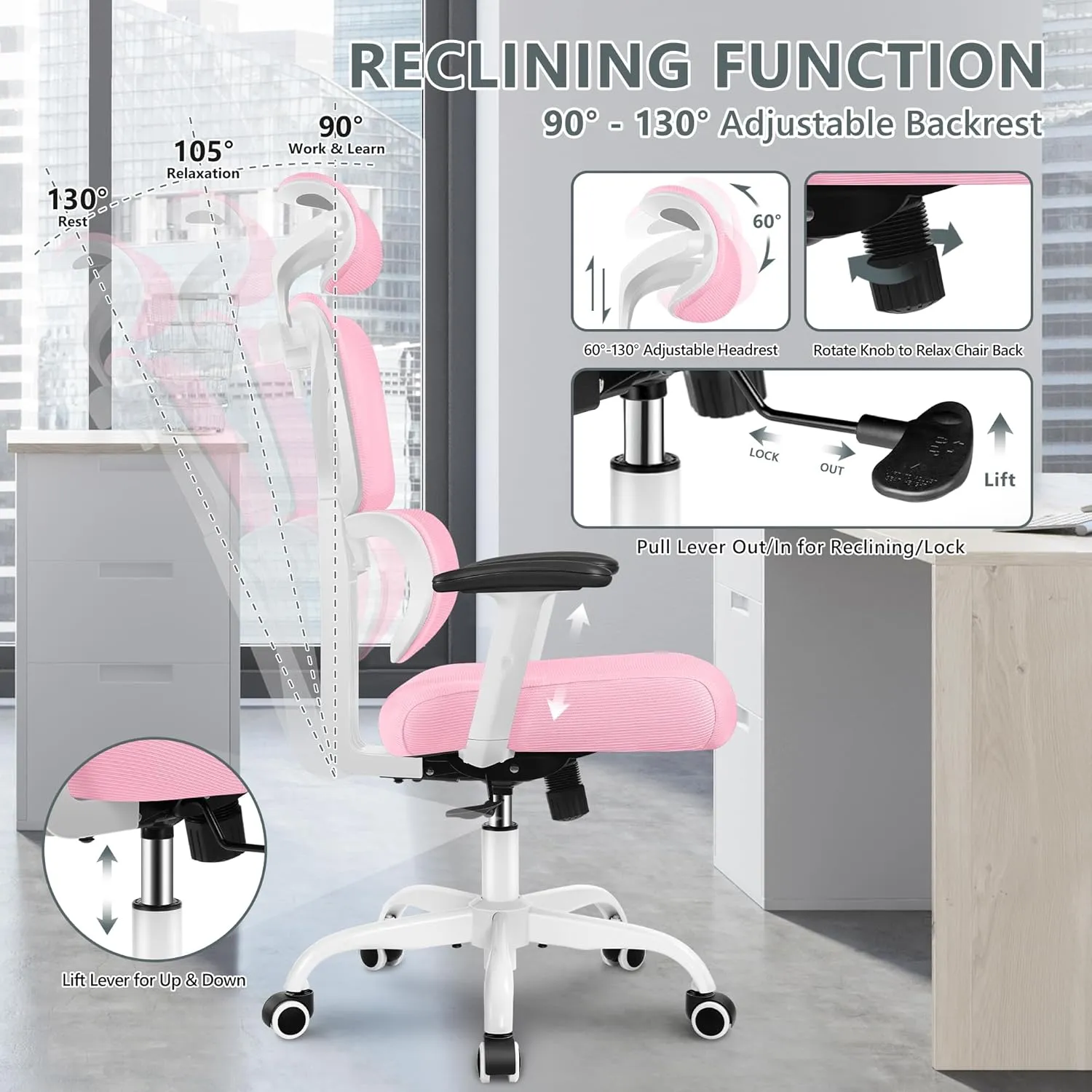 Office Chair Ergonomic Desk Chair, High Back Gaming Chair, Big and Tall Reclining Chair Comfy Home Office Desk Chair Lumbar Support Breathable Mesh Computer Chair Adjustable Armrests (Pink)