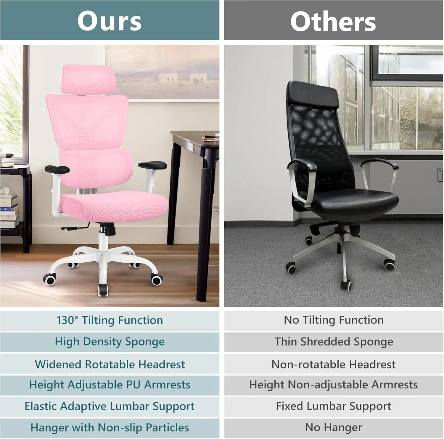 Office Chair Ergonomic Desk Chair, High Back Gaming Chair, Big and Tall Reclining Chair Comfy Home Office Desk Chair Lumbar Support Breathable Mesh Computer Chair Adjustable Armrests (Pink)