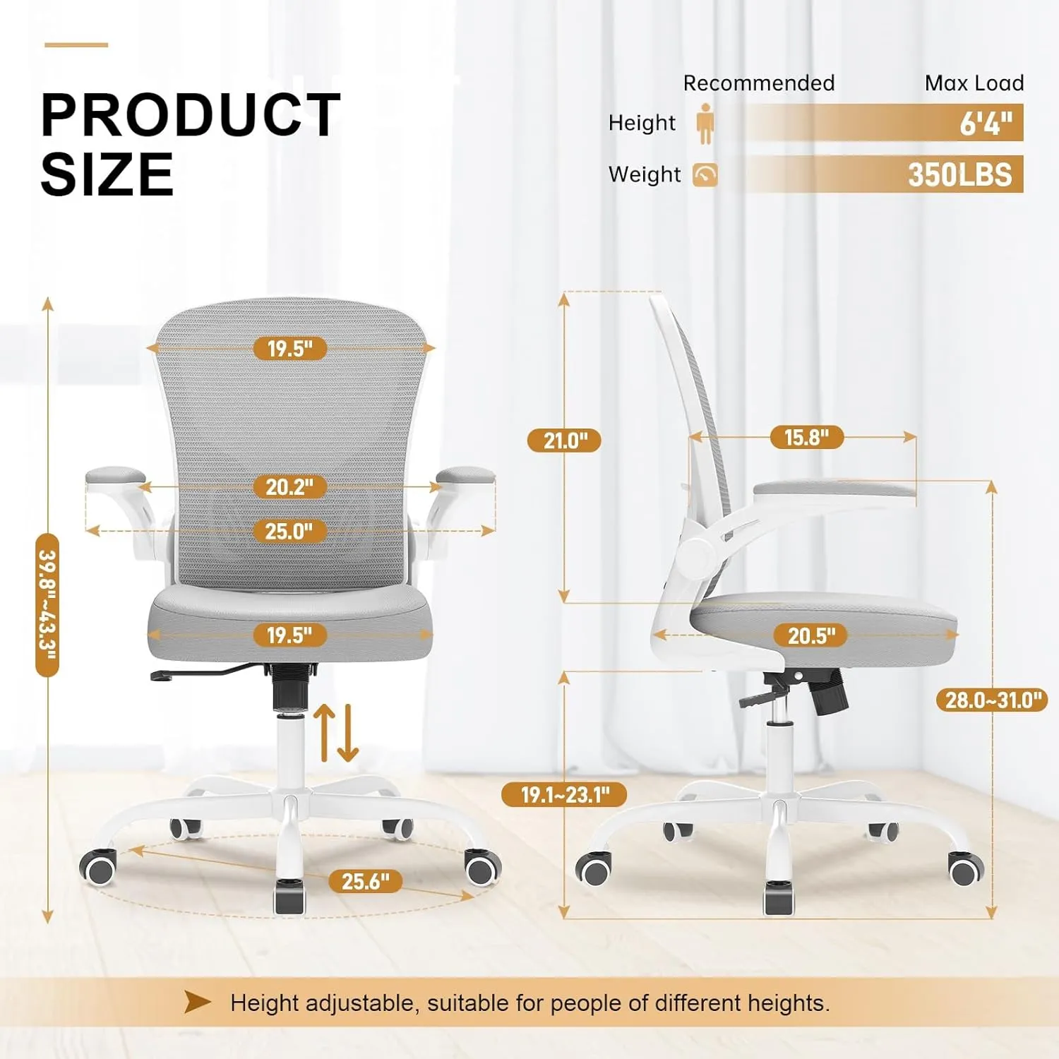 Office Chair, Ergonomic Desk Chairs 330LBS Capacity High Back Mesh Computer Chair with Flip-up Armrests, Comfy Work with Adjustable Lumbar Support, Rolling Swivel Executive Task