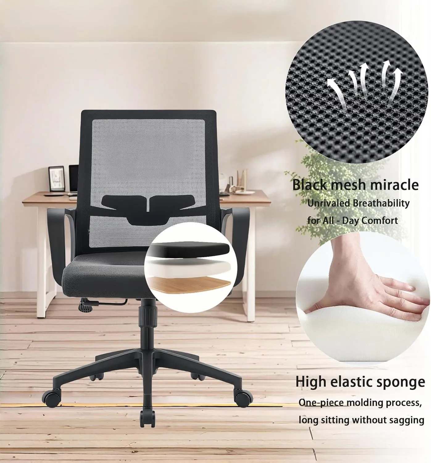 Office Chair ergonomically Designed with Breathable mesh backrest and Lumbar Support Adjustable Height Suitable for Offices Homes bedrooms Study Rooms Black