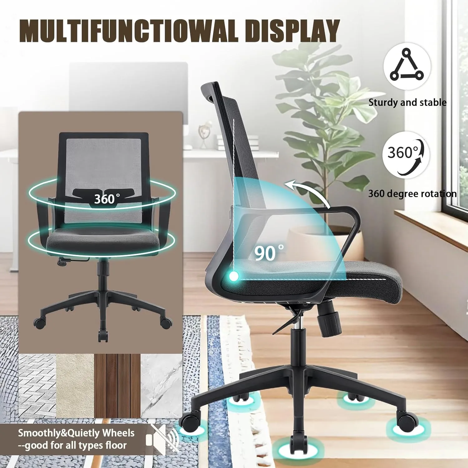 Office Chair ergonomically Designed with Breathable mesh backrest and Lumbar Support Adjustable Height Suitable for Offices Homes bedrooms Study Rooms Black