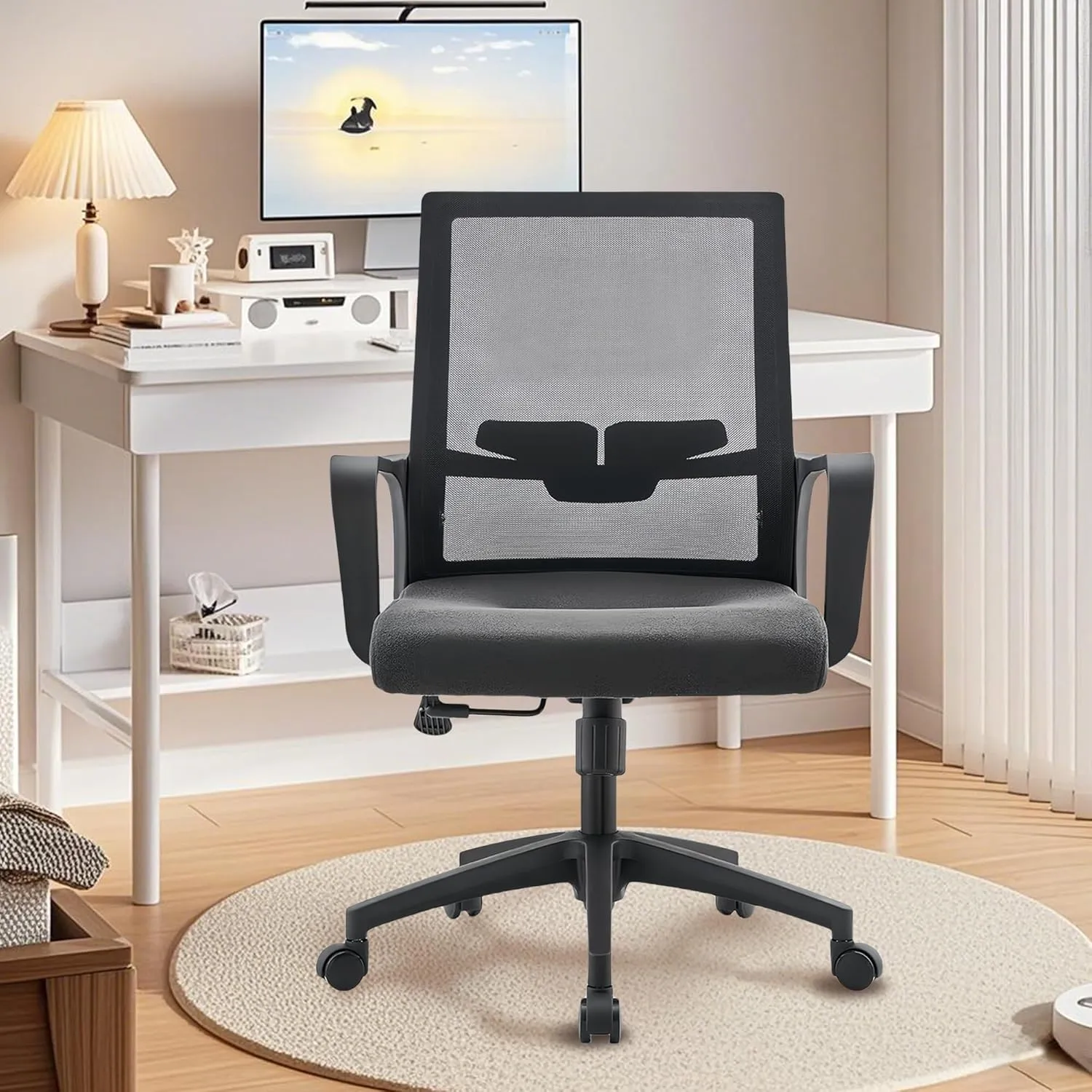 Office Chair ergonomically Designed with Breathable mesh backrest and Lumbar Support Adjustable Height Suitable for Offices Homes bedrooms Study Rooms Black