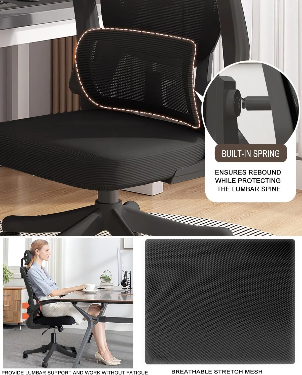 Office Chair Mesh Desk Chair, Ergonomic High-Back Rolling Gaming Work Chairs with Wheels and Adjustable Headrests,Comfortable Flip-up Arms for Home,Bedroom,Study Gaming