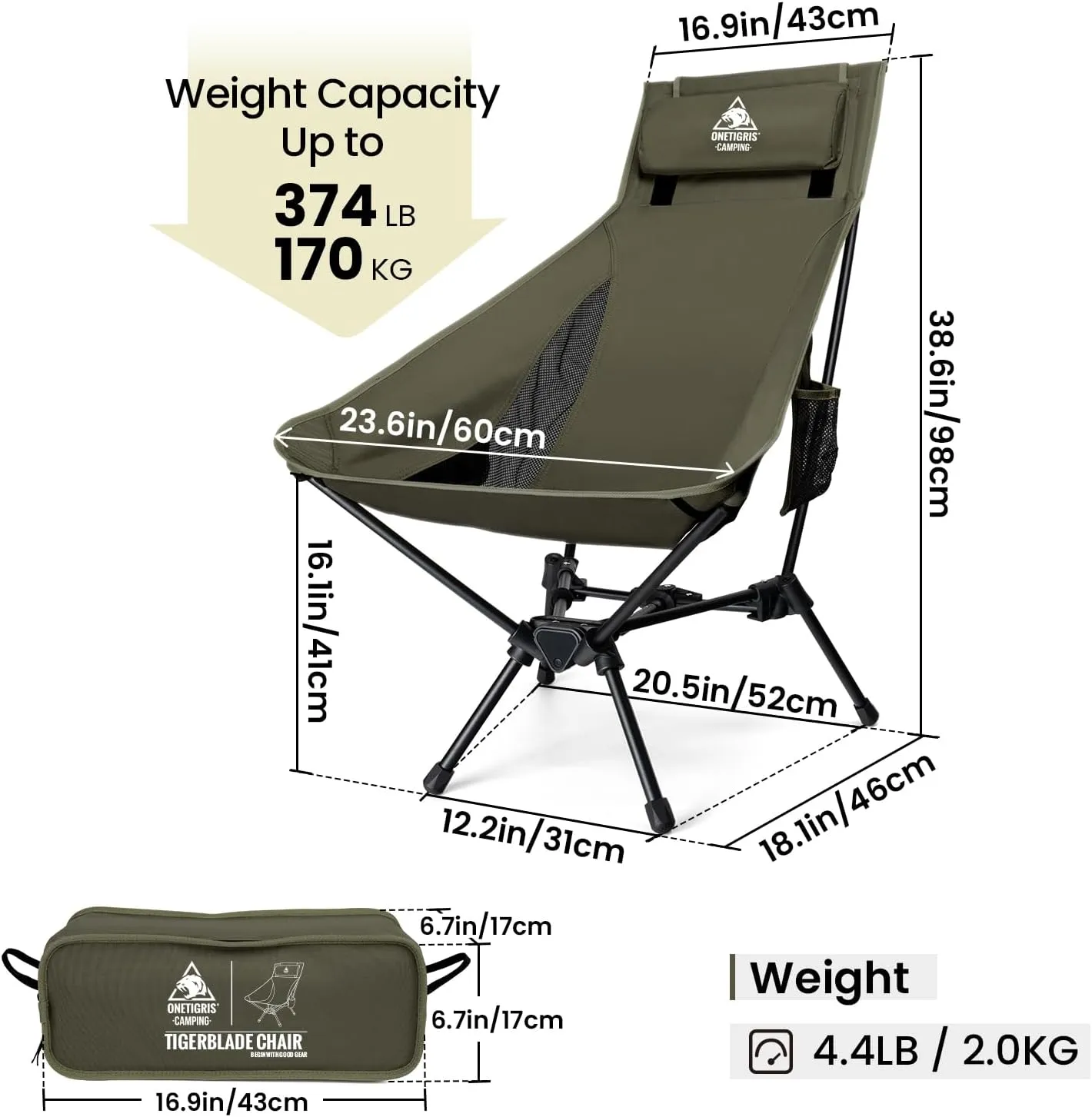 OneTigris Tigerblade High Back Camping Chair with Pillow Design, Comfortable Widened Seat Folding Chair