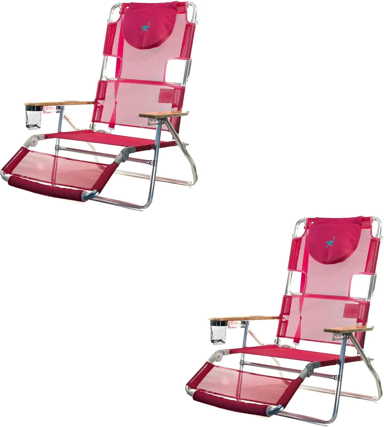 Ostrich 3-N-1 Lightweight Comfortable Aluminum Multi-Position Relaxing Reclining Beach Chair, Pink (2 Pack)