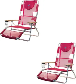 Ostrich 3-N-1 Lightweight Comfortable Aluminum Multi-Position Relaxing Reclining Beach Chair, Pink (2 Pack)