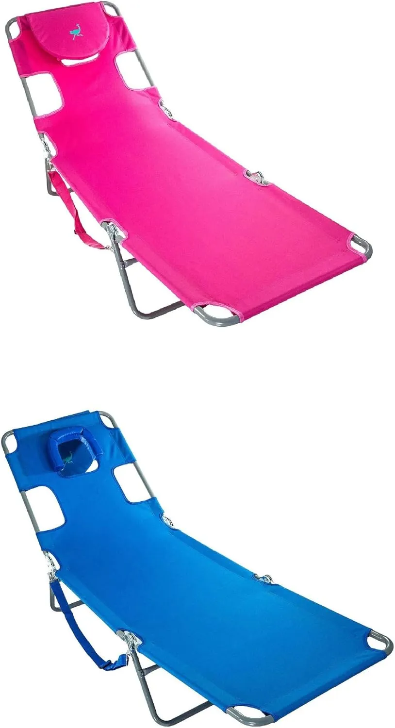 Ostrich Chaise Lounge Lightweight Portable Folding Rust Resistant Quick Dry Sunbathing Poolside Beach Chair with Carrying Strap & Pillow, Pink & Blue