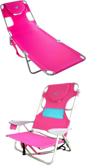 Ostrich Chaise Sunbathing Chair and Ladies Comfort On-Your-Back Adjustable & Portable Beach Chair with Carry/Backpack Straps and Cup Holder, Pink