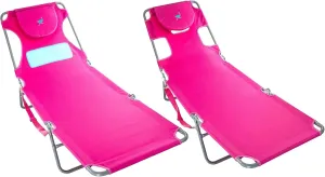 Ostrich Chaise Sunbathing Chair and Ladies Comfort On-Your-Back Adjustable & Portable Beach Chair with Carry/Backpack Straps and Cup Holder, Pink