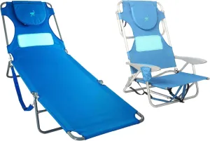 Ostrich Ladies Comfort Lounger Sunbathing Chaise Lounge Beach Chair and Outdoor On-Your-Back 5-Position Backpack Beach Chair, Blue
