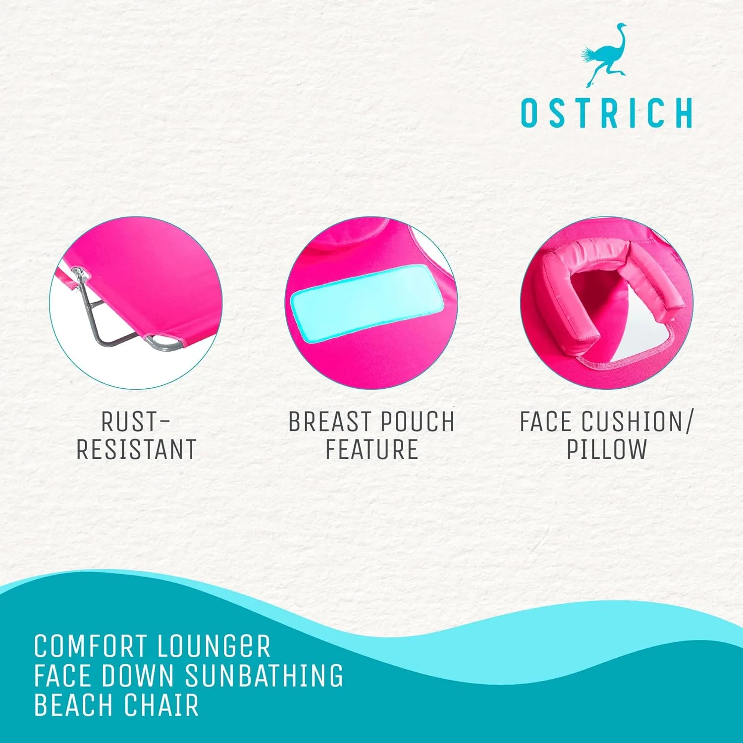 Ostrich Ladies Comfort Lounger with Chest Support, Portable Reclining Outdoor Patio Beach Lawn Camping Pool Tanning Chair, Pink