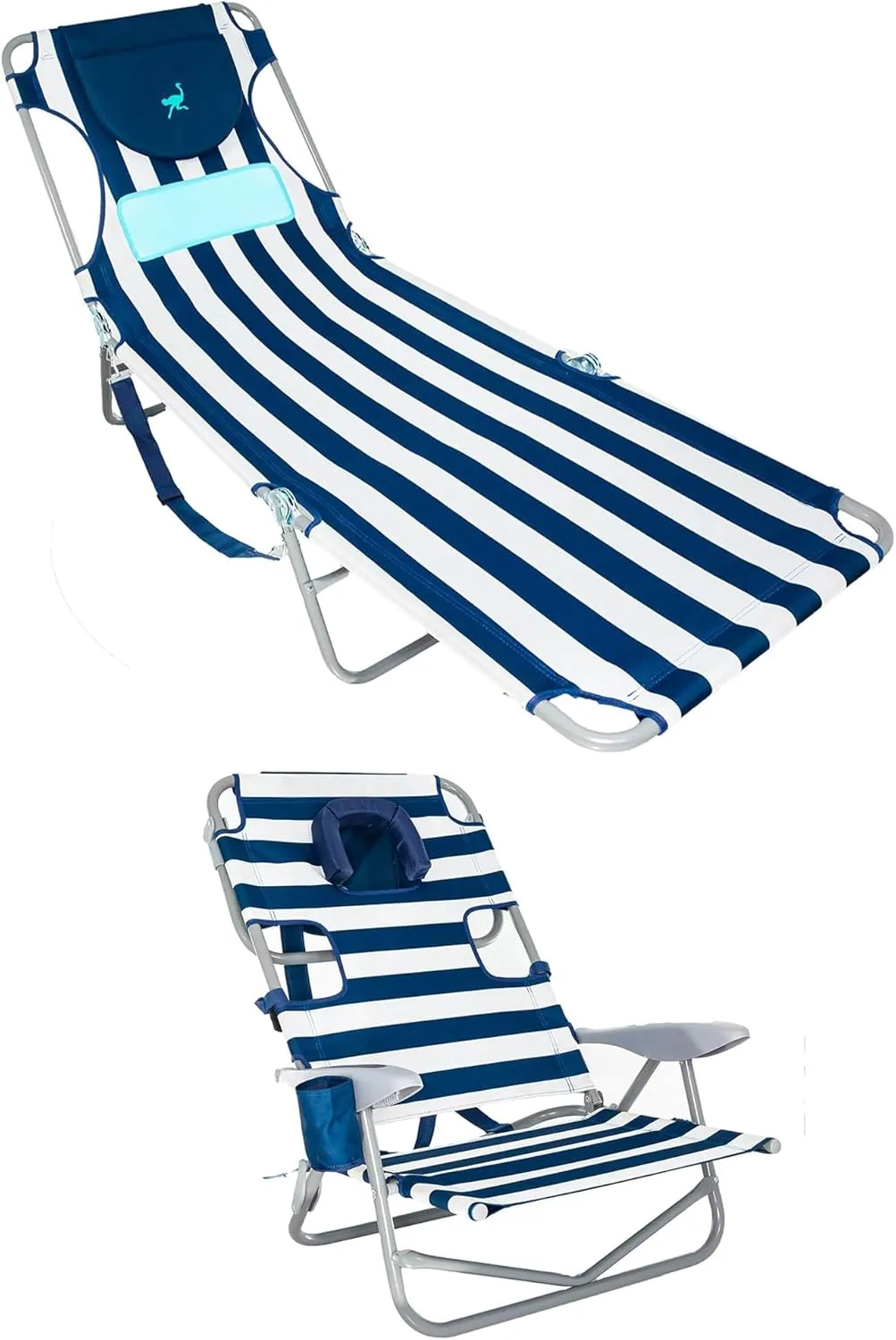 Ostrich Ladies Comfort Sunbathing Chaise Lounge Reclining Beach Chair and On-Your-Back Outdoor 5-Position Recline Beach Chair, Striped Blue