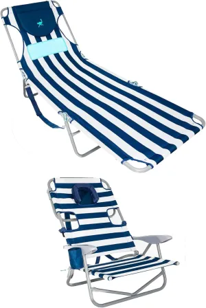 Ostrich Ladies Comfort Sunbathing Chaise Lounge Reclining Beach Chair and On-Your-Back Outdoor 5-Position Recline Beach Chair, Striped Blue