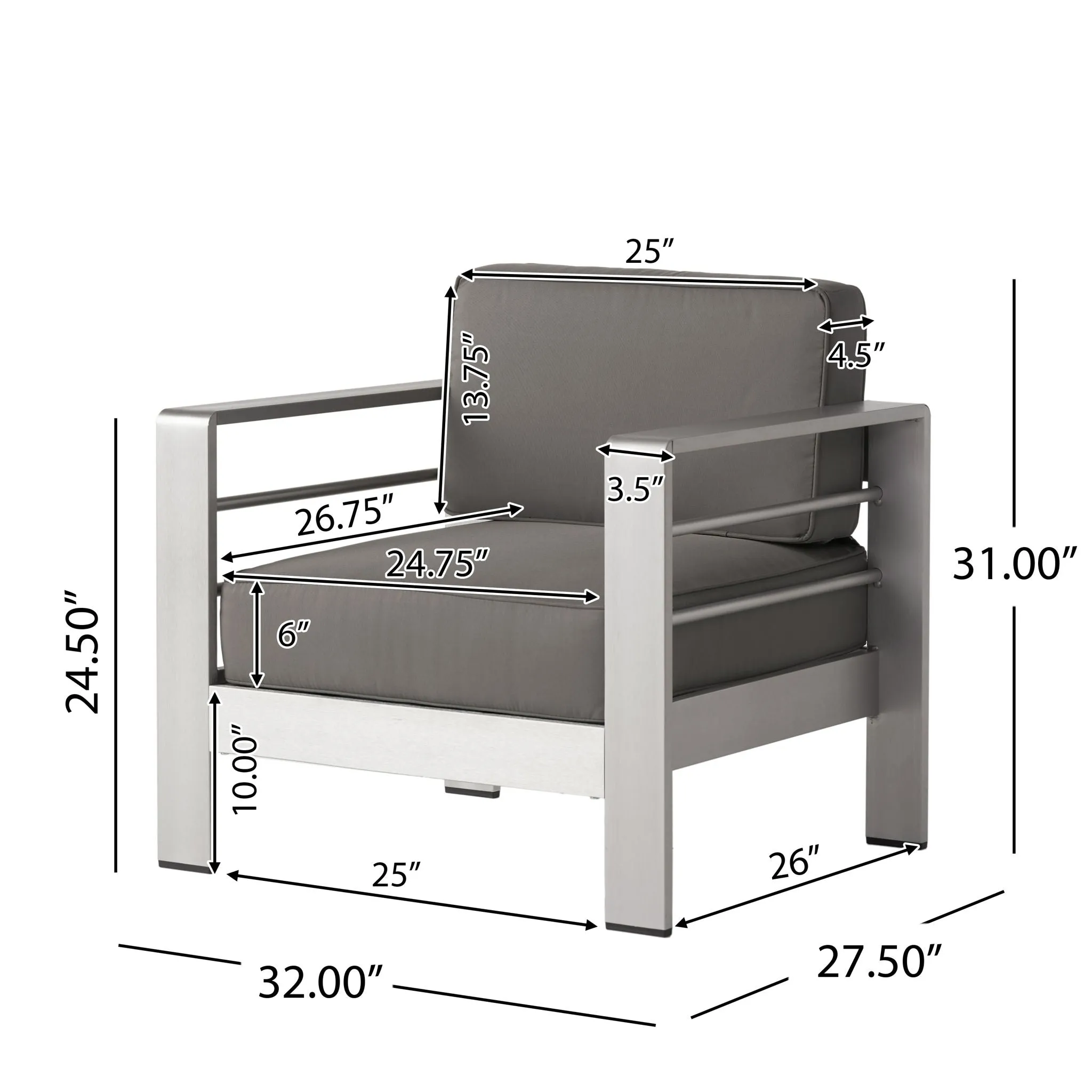 Outdoor Aluminum Club Chair With Cushion - Gray