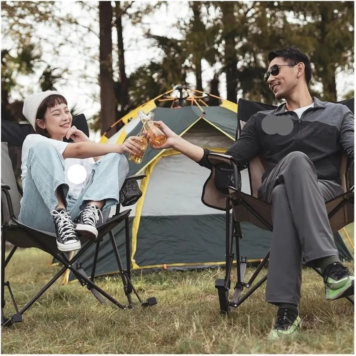 Outdoor freestyle joystick camping chair Camping Rocking Chair, Folding Lawn Chairs with Cup Holder, Storage Pocket, Mesh Back Recliner Beach/Outdoor/Travel/ Outdoor folding chair(Khaki Mesh)
