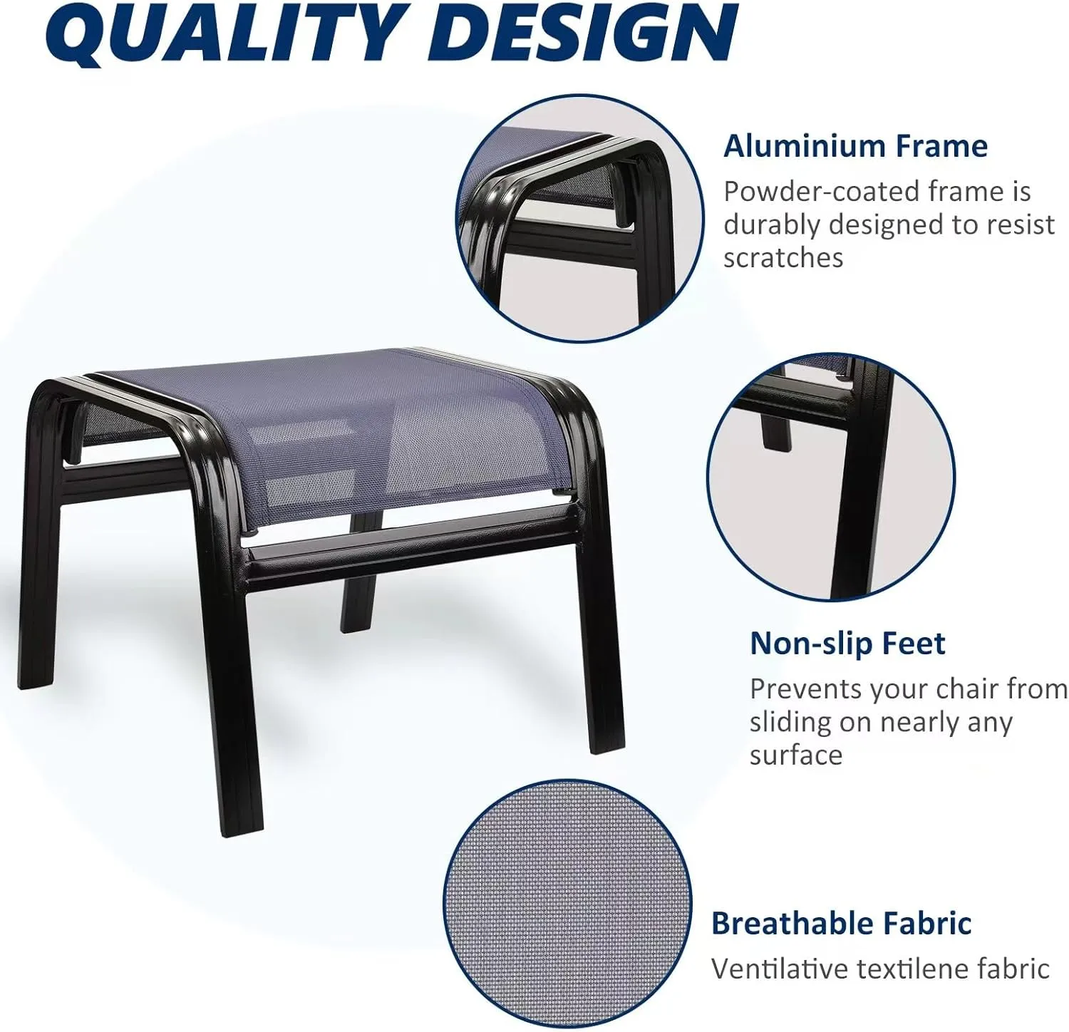 Outdoor Ottoman Patio Footstools Aluminum Small Chair Assembled Footrest for Porch Yard Garden 2 Set Navy Blue