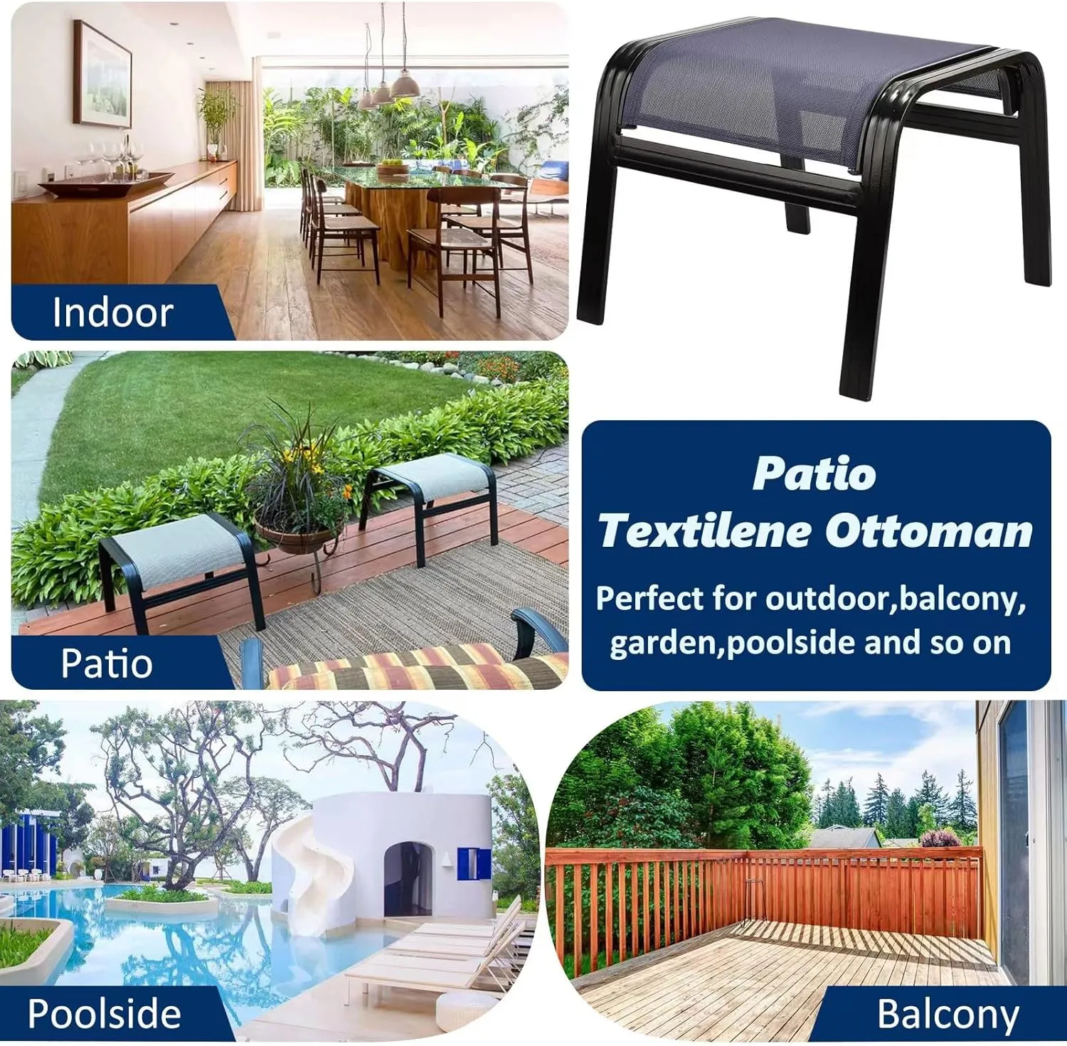 Outdoor Ottoman Patio Footstools Aluminum Small Chair Assembled Footrest for Porch Yard Garden 2 Set Navy Blue
