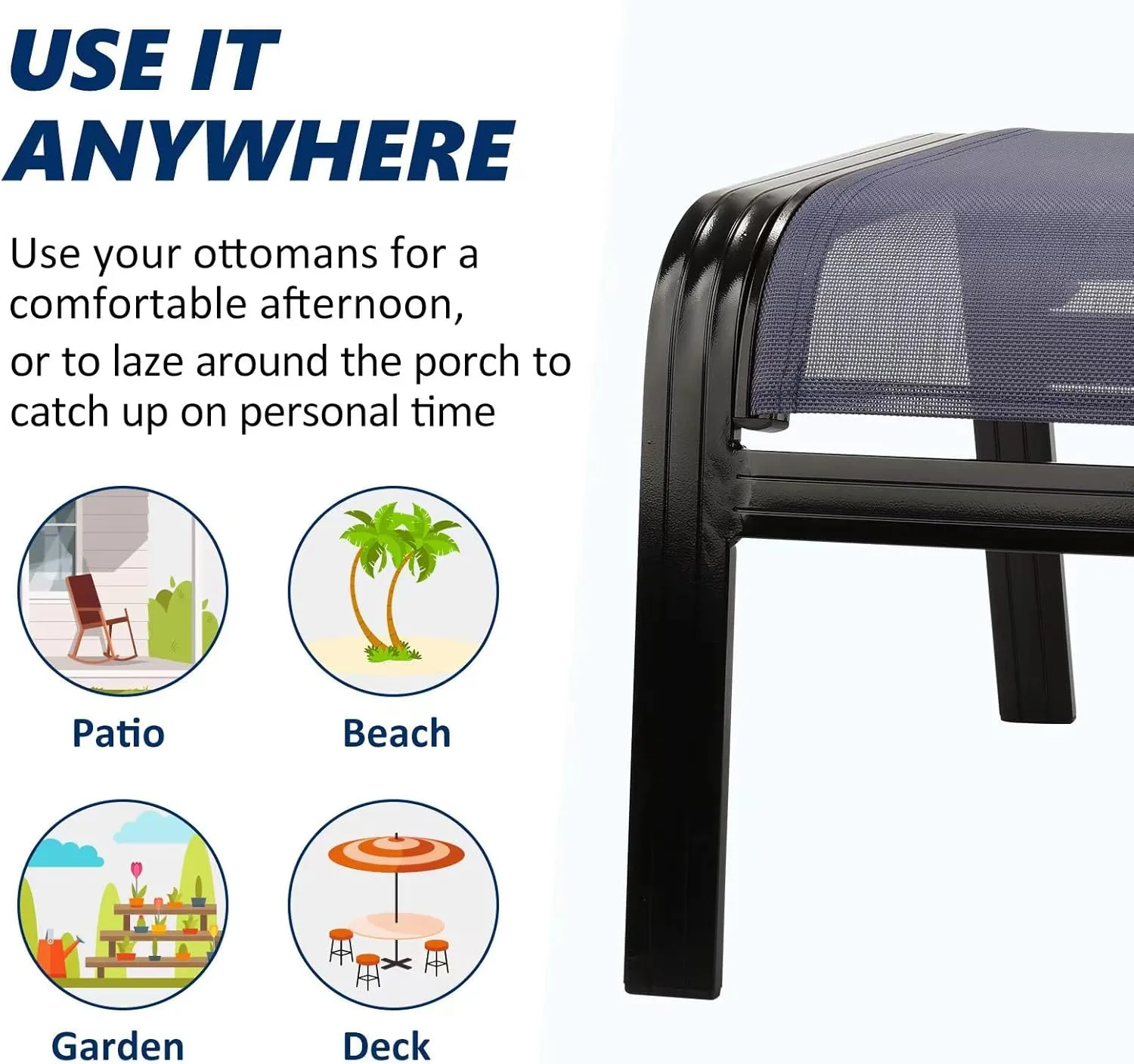 Outdoor Ottoman Patio Footstools Aluminum Small Chair Assembled Footrest for Porch Yard Garden 2 Set Navy Blue