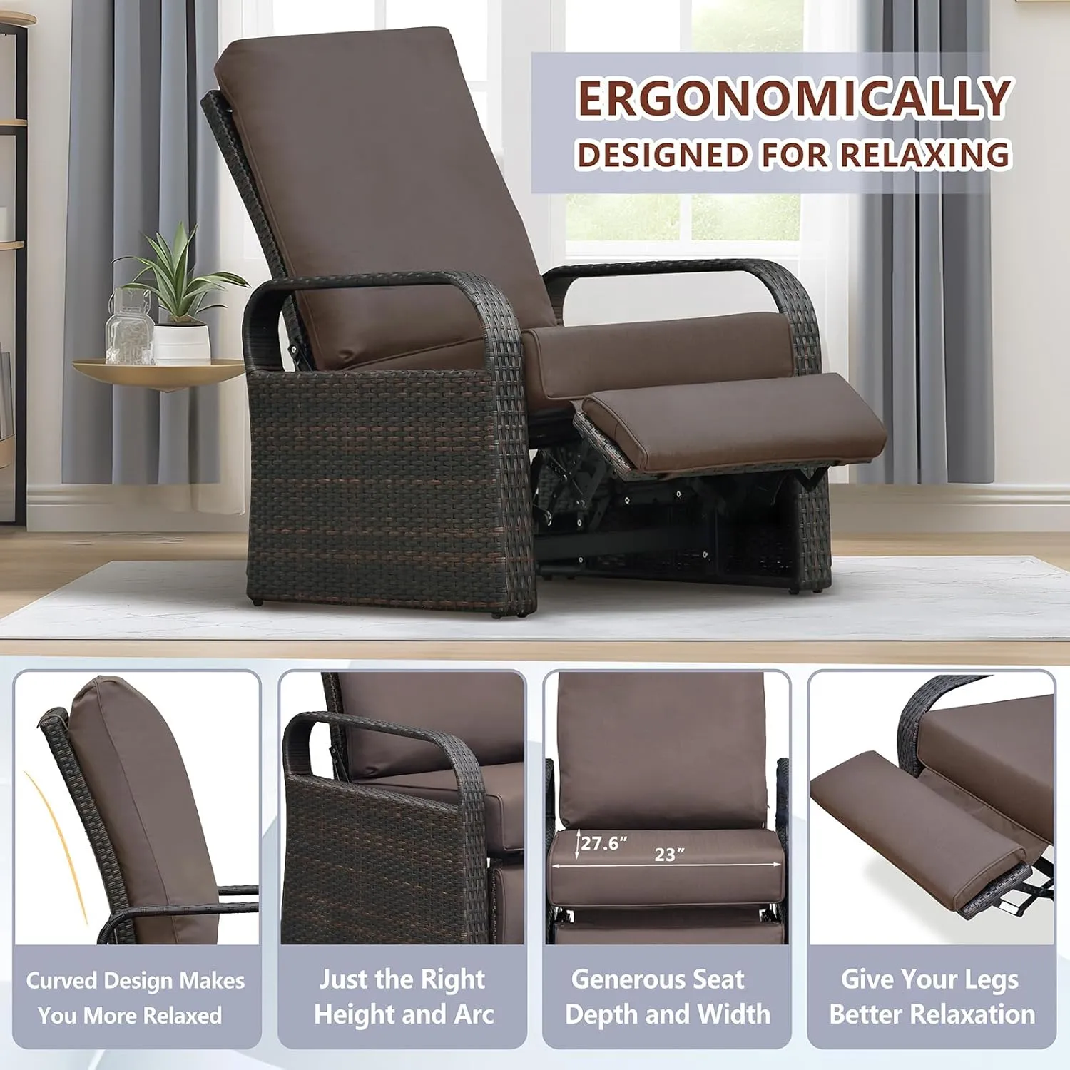 Outdoor Wicker Recliner, Patio Recliner Adjustable Chair with 5.5" Thick Cushions and Ottoman, UV/Rust/Weather Resistant/Aluminum Frame/Hand Woven, Brown Color