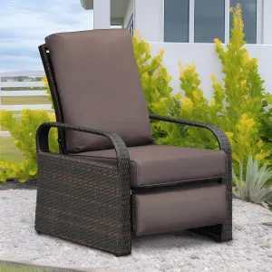 Outdoor Wicker Recliner, Patio Recliner Adjustable Chair with 5.5" Thick Cushions and Ottoman, UV/Rust/Weather Resistant/Aluminum Frame/Hand Woven, Brown Color