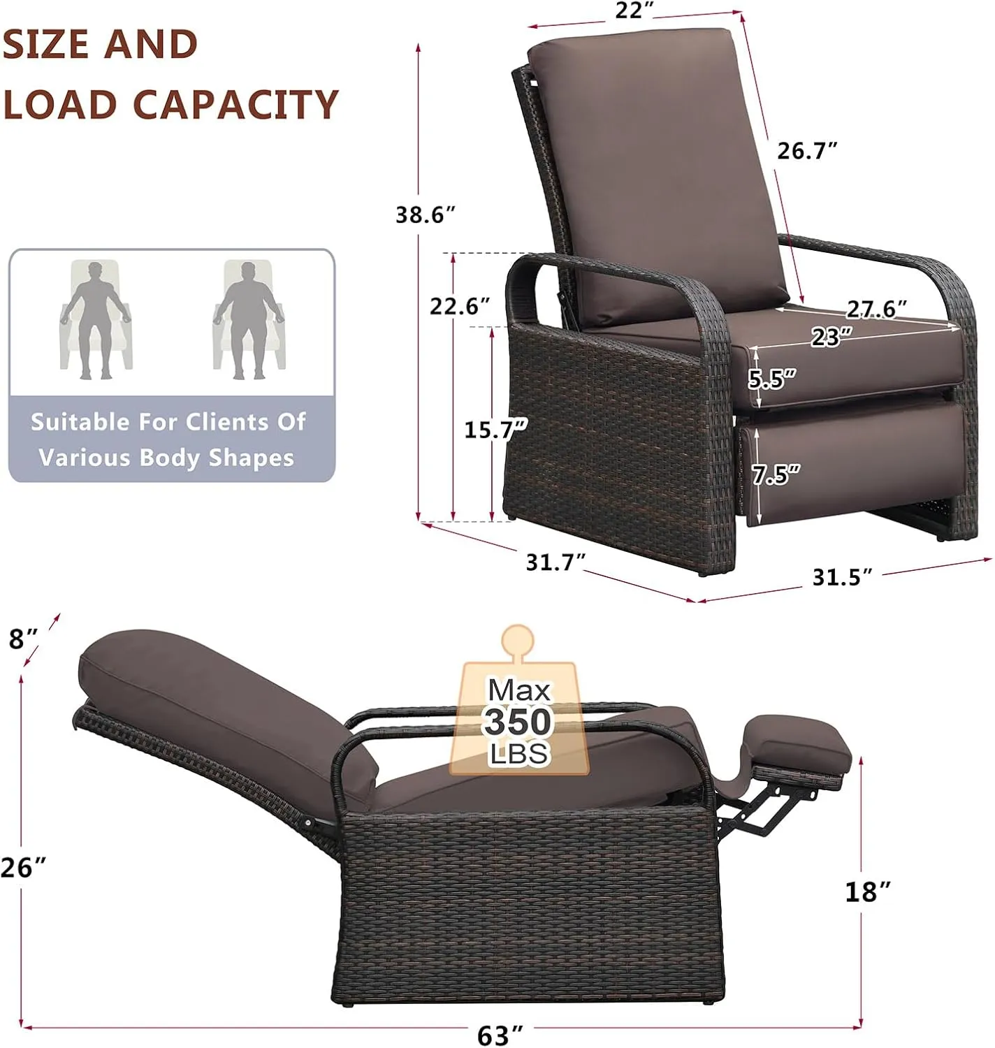 Outdoor Wicker Recliner, Patio Recliner Adjustable Chair with 5.5" Thick Cushions and Ottoman, UV/Rust/Weather Resistant/Aluminum Frame/Hand Woven, Brown Color