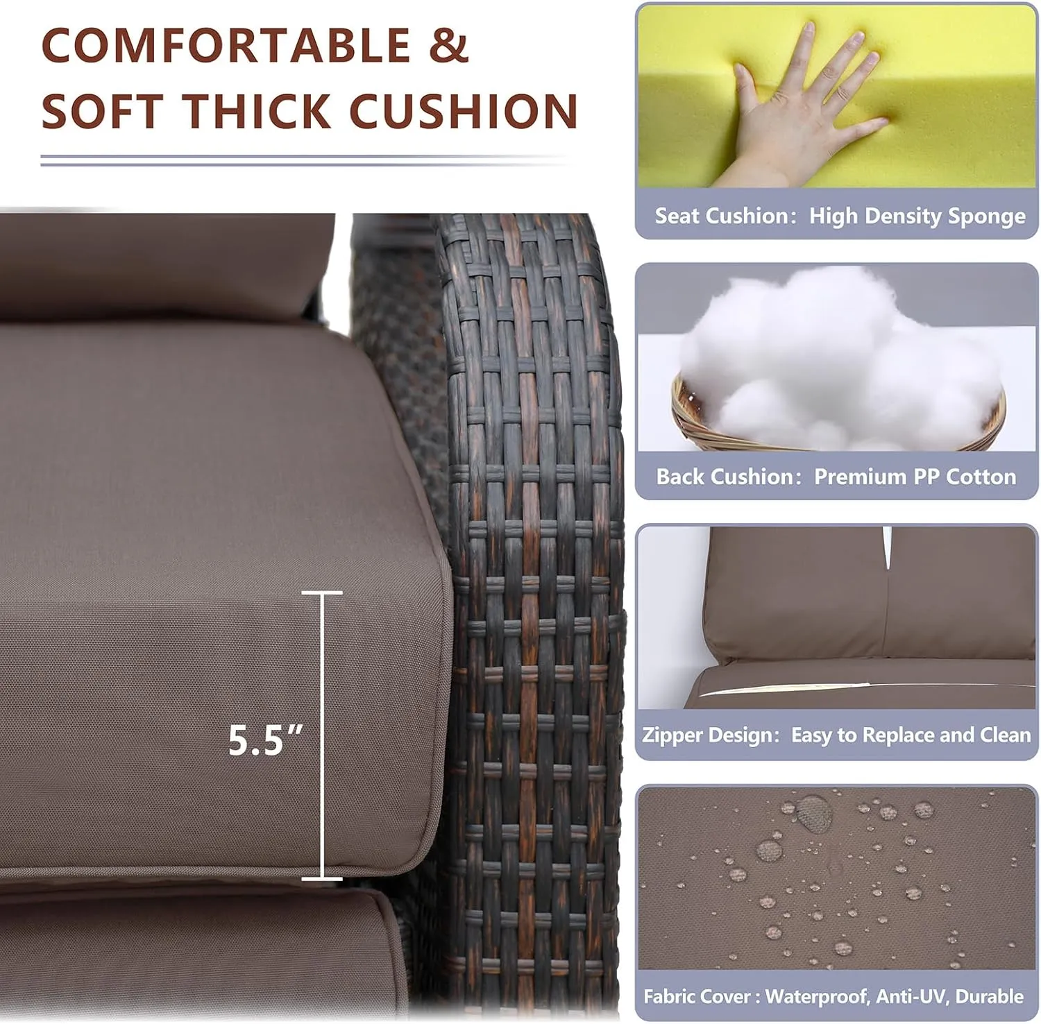 Outdoor Wicker Recliner, Patio Recliner Adjustable Chair with 5.5" Thick Cushions and Ottoman, UV/Rust/Weather Resistant/Aluminum Frame/Hand Woven, Brown Color