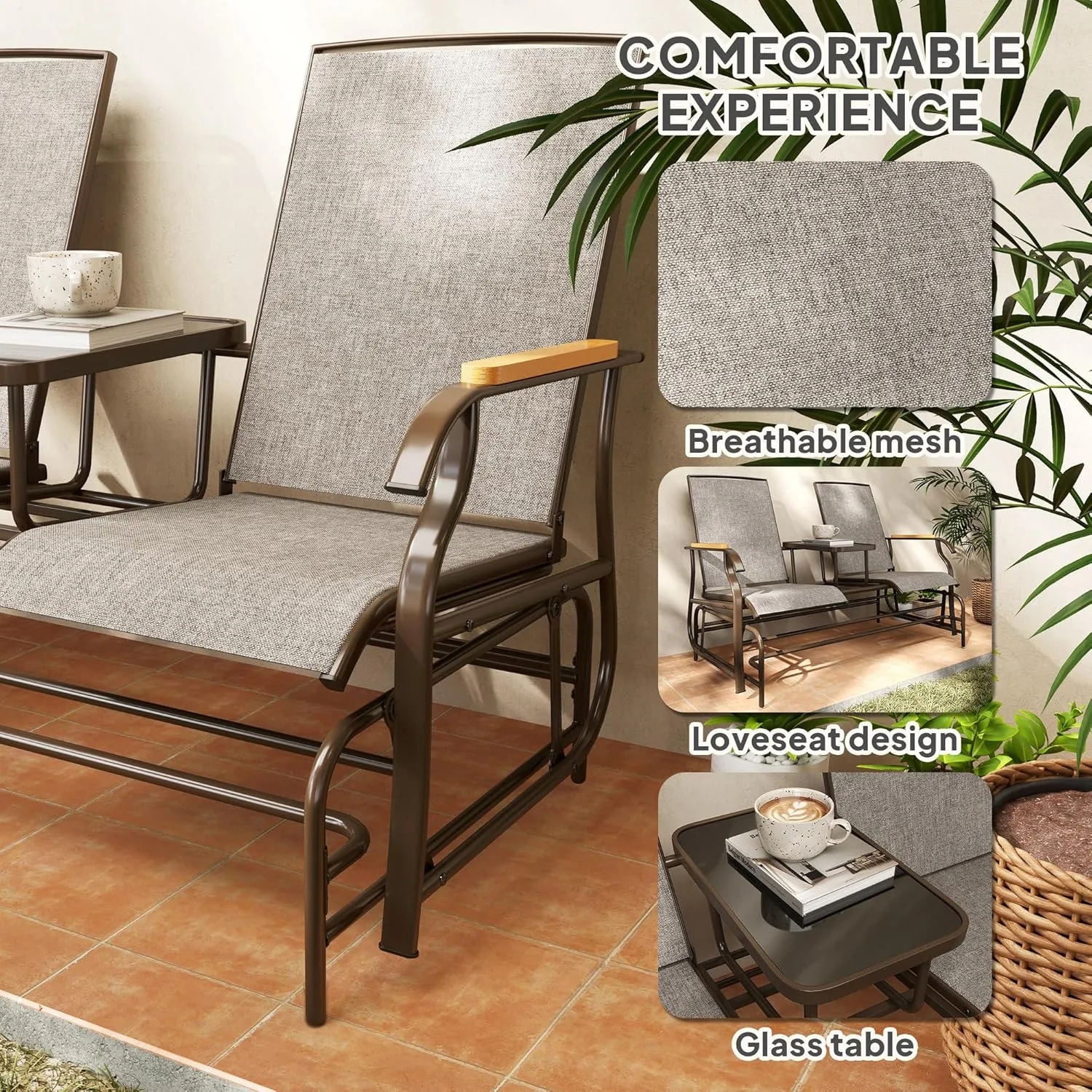 Outsunny 2 Person Outdoor Glider Bench, Patio Swing Glider Chair Loveseat with Breathable Mesh, Table, Steel Frame for Garden, Backyard, Porch, Light Mixed Brown