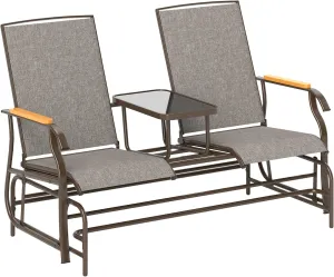 Outsunny 2 Person Outdoor Glider Bench, Patio Swing Glider Chair Loveseat with Breathable Mesh, Table, Steel Frame for Garden, Backyard, Porch, Light Mixed Brown