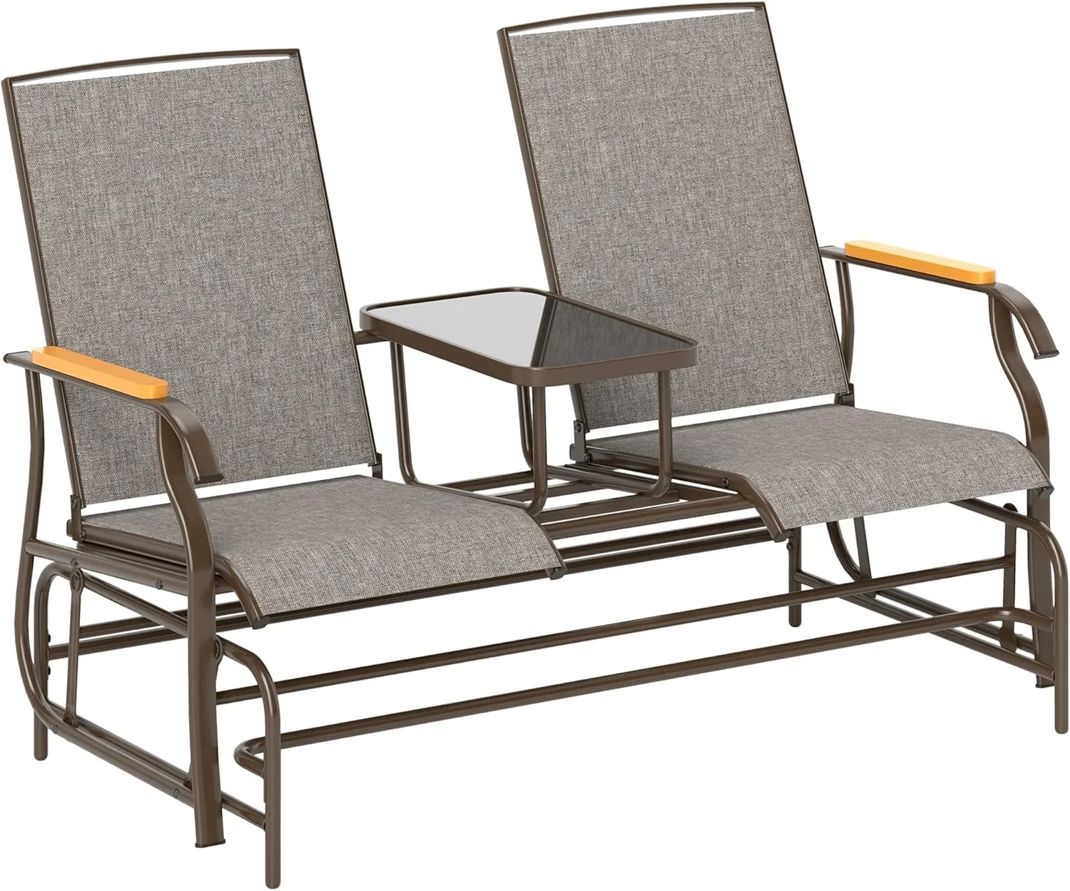 Outsunny 2 Person Outdoor Glider Bench, Patio Swing Glider Chair Loveseat with Breathable Mesh, Table, Steel Frame for Garden, Backyard, Porch, Light Mixed Brown