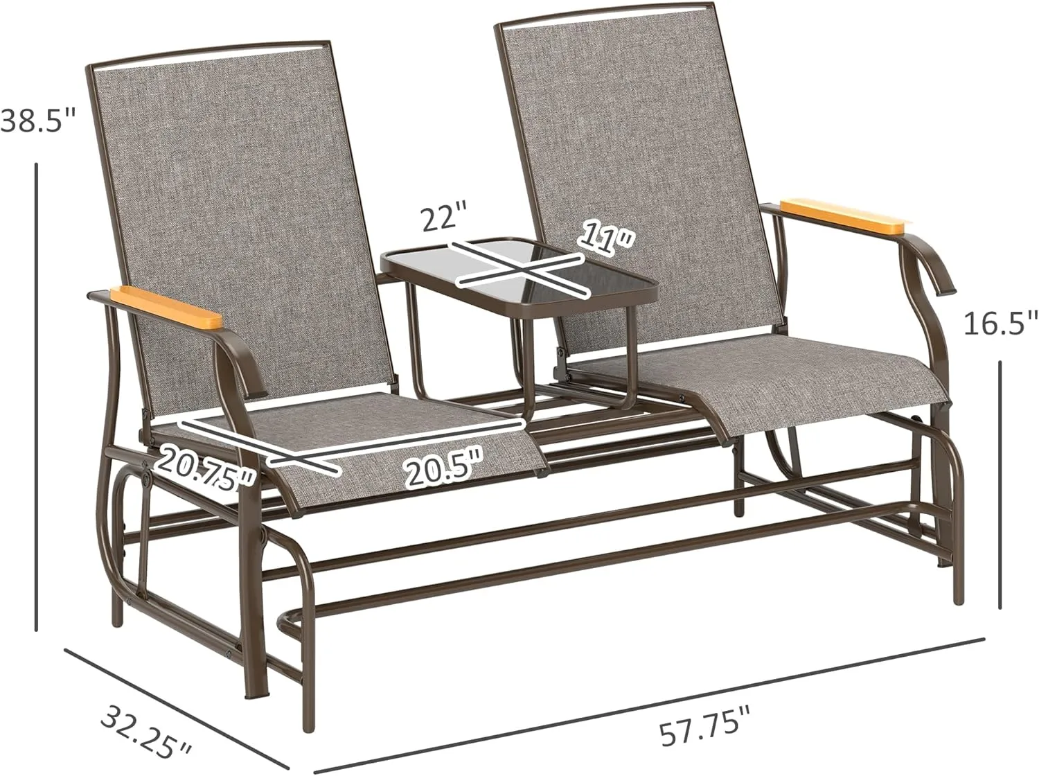 Outsunny 2 Person Outdoor Glider Bench, Patio Swing Glider Chair Loveseat with Breathable Mesh, Table, Steel Frame for Garden, Backyard, Porch, Light Mixed Brown